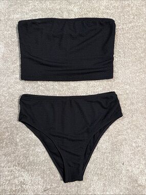 Black Textured Strapless Bikini Set